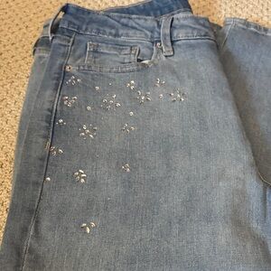 Old Navy Blue Straight Leg Women's Jeans with Floral rhinestone detail.